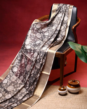Elegant Linen Tissue Saree With Floral Print and Woven Zari Border - Grey