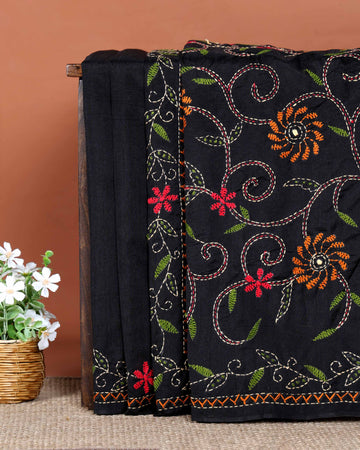 Elegant Hand Embroidered Kantha Work Tussar Saree with Detailed Floral Motifs - Black