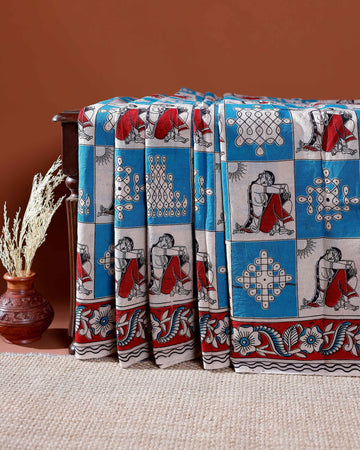 Traditional Handloom Kalamkari Cotton Saree with Intricate Floral and Avian Motifs - Blue