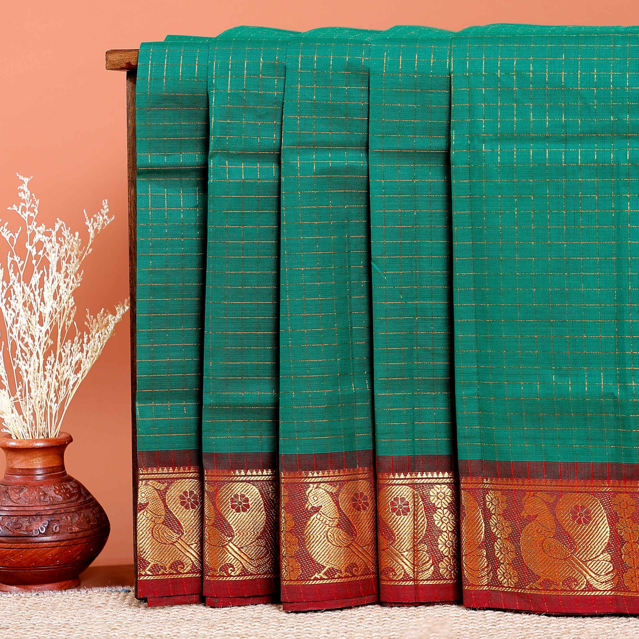 Chettinad Cotton Saree with Fine Checked Weave and Peacock Zari Border - Green
