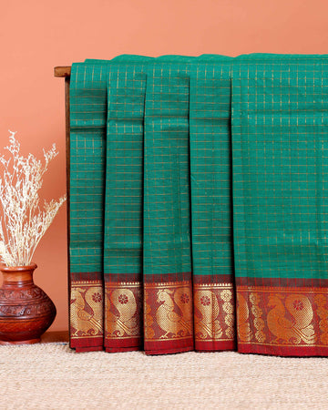 Chettinad Cotton Saree with Fine Checked Weave and Peacock Zari Border - Green