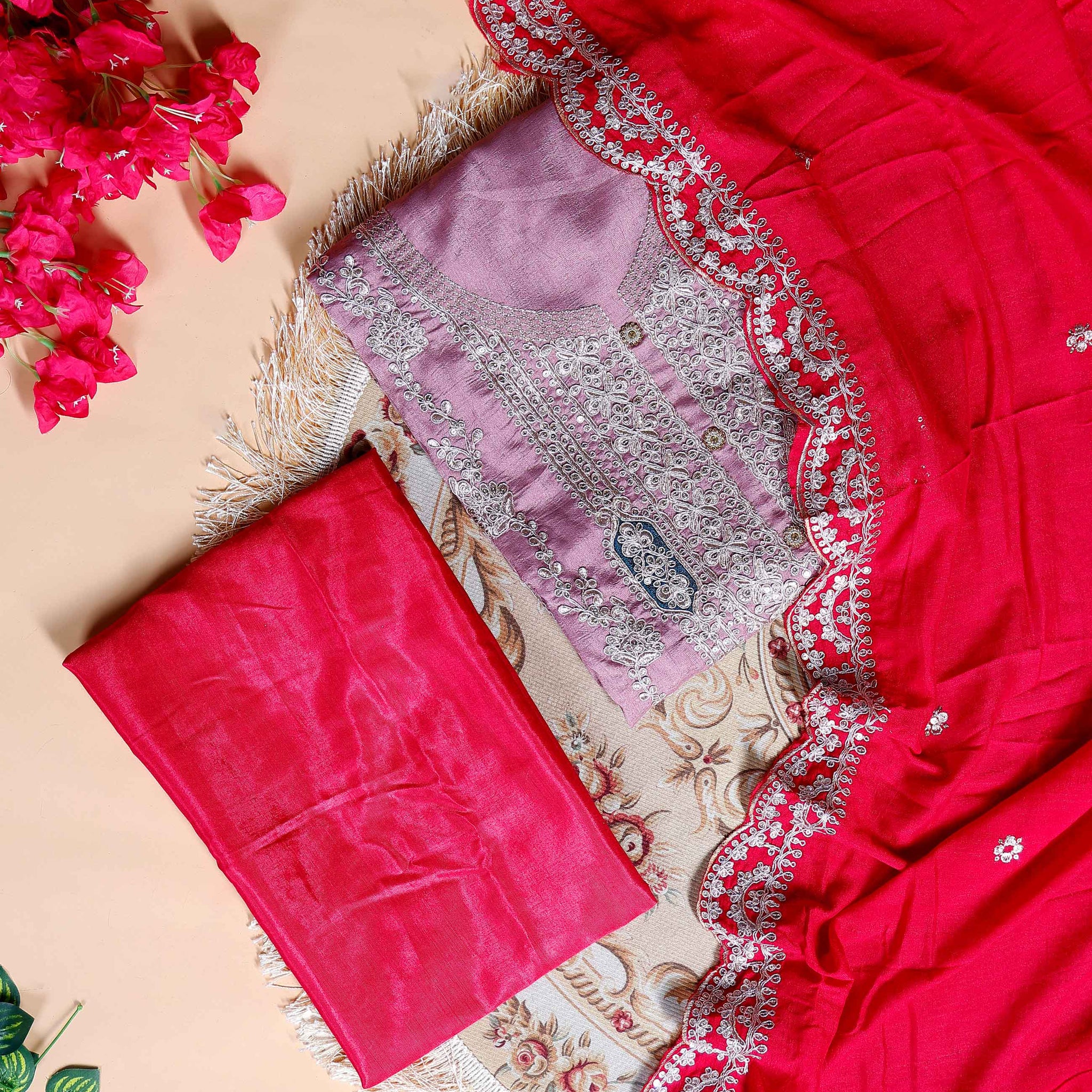 Women's Embroidered Unstitched Salwar Suit Material with Sequins and Scalloped Dupatta Border- Lavender