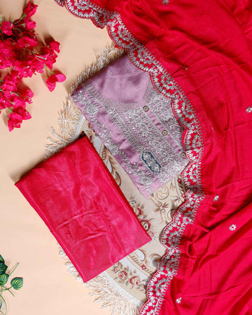 Women's Embroidered Unstitched Salwar Suit Material with Sequins and Scalloped Dupatta Border- Lavender