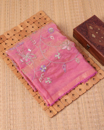 Elegant Women's Floral Embroidered Sequin Work 1 Meter Blouse Material - Pink