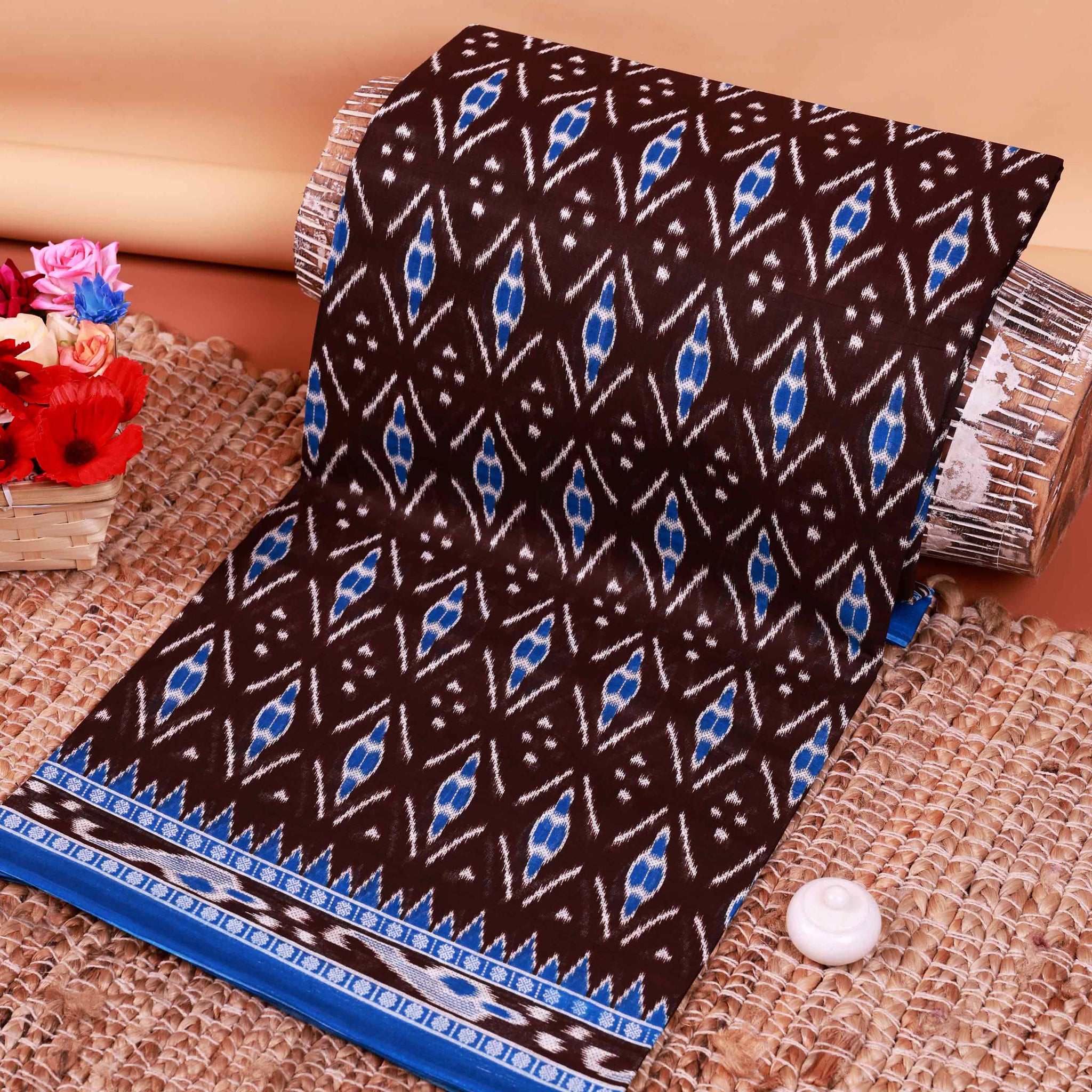 All-Over Floral Printed Voile Saree with Intricate Contrast Border – Brown