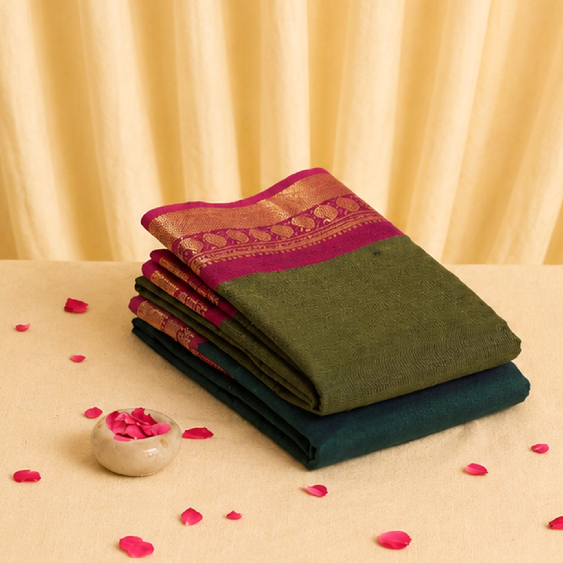 Kanchi Cotton Saree with Pink Zari Border in Olive Green Folded Stack View Product Display