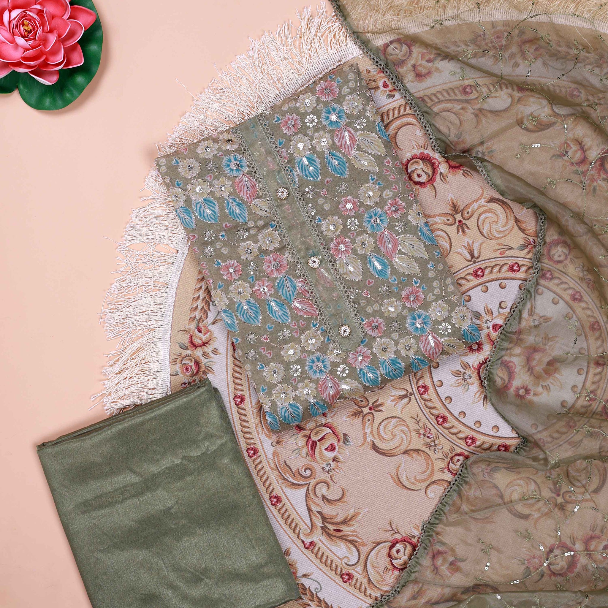 Women's Elegant Embroidered Salwar Suit Material with Dupatta - Green