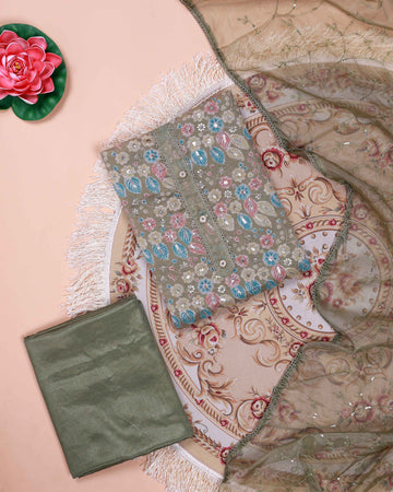 Women's Elegant Embroidered Salwar Suit Material with Dupatta - Green