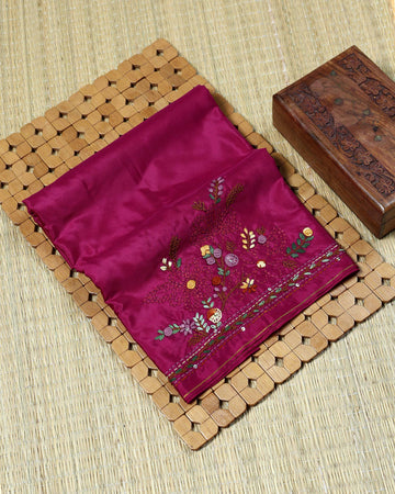 Elegant Floral Embroidered Women’s Blouse Material with Handcrafted Border Work - Deep Magenta