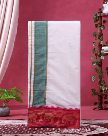 Men’s Traditional Handloom 9*5 Meter Cotton Dhoti with Multi Border - Off White