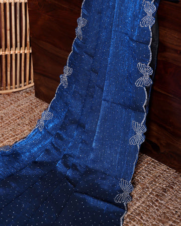 Classic Embellished Fancy Saree with Delicate Butterfly Patterned Lace Border - Blue
