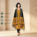 Mustard Salwar Suit Material With Black Bottom Fabric And Colorful Ikat Dupatta - Front View