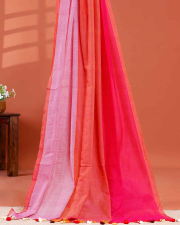 Handwoven Mul Mul Cotton Saree with Bold Striped Pattern and Tassel Detailing - Multi