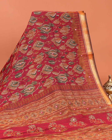 Elegant Semi Chanderi Saree with Floral Inspired Print and Zari Border - Red