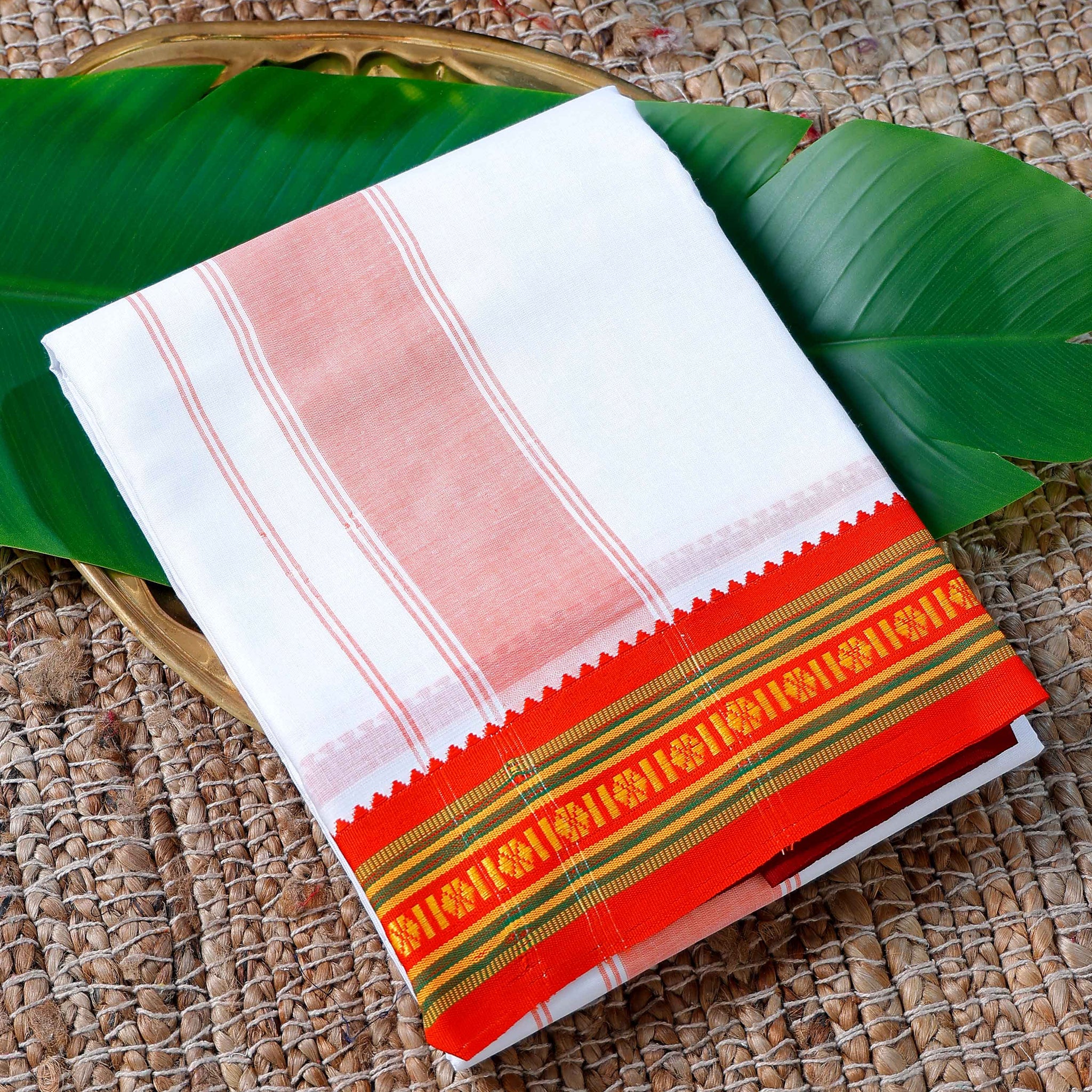 Men’s Cotton Dhoti with Multi Colour Border - White