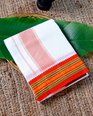 Men’s Cotton Dhoti with Multi Colour Border - White