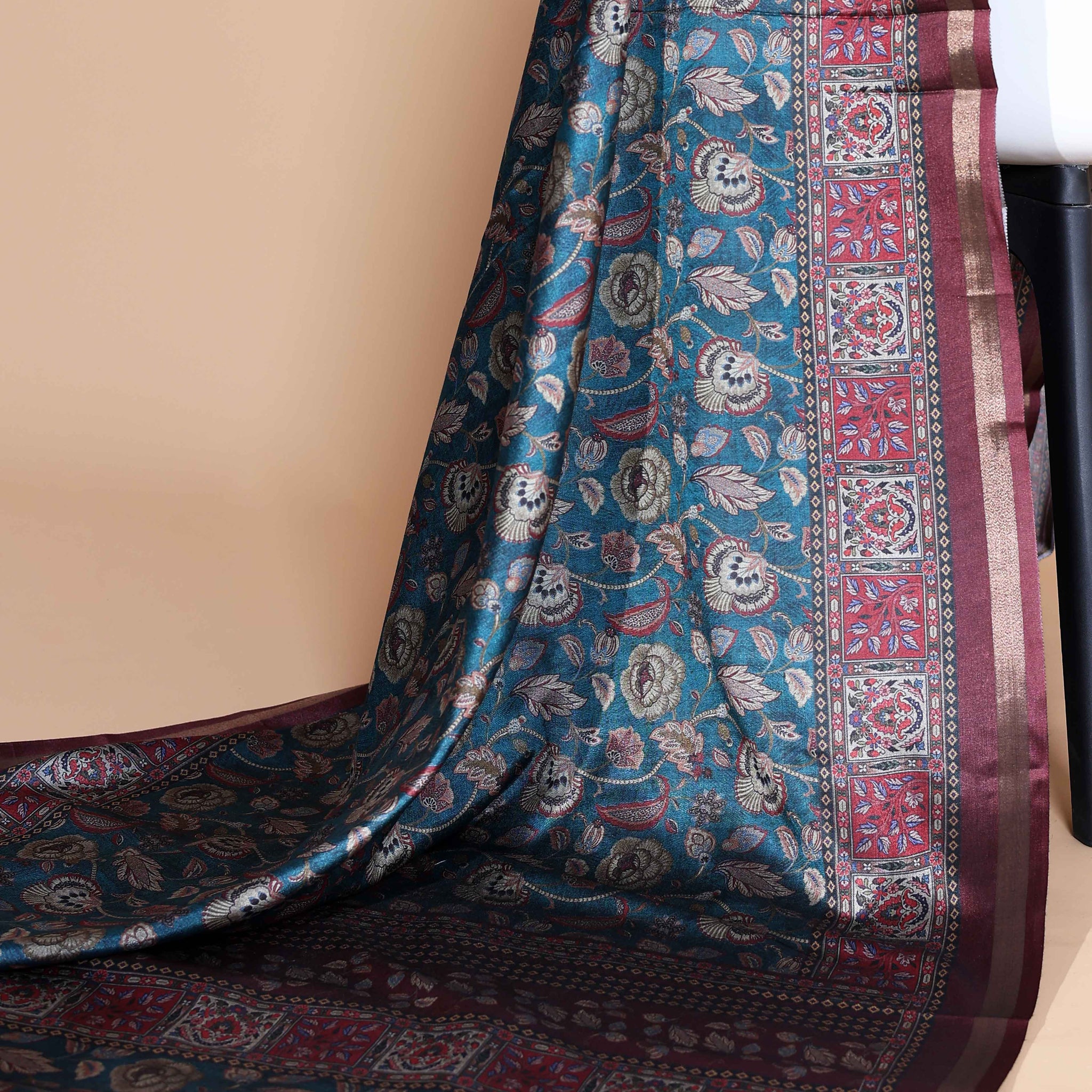 Teal Art Silk Saree with Intricate Floral and Geometric Weave Pattern
