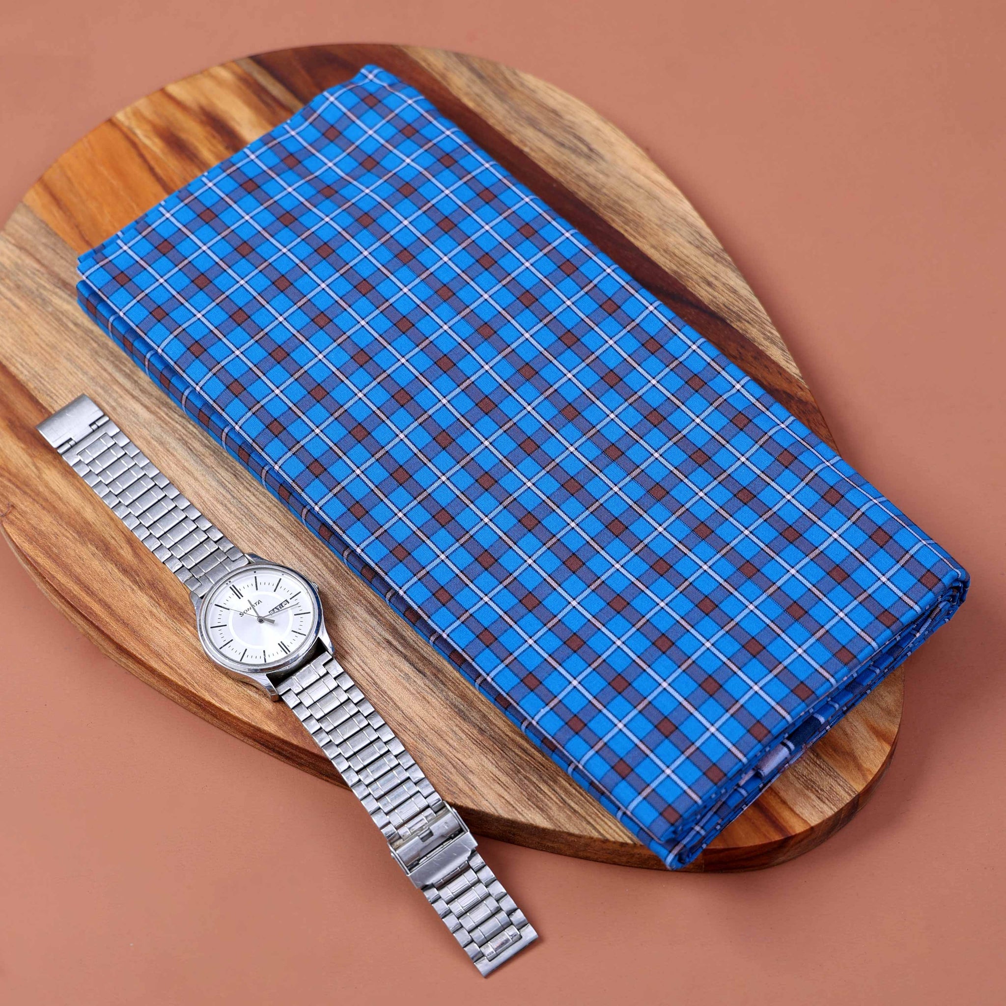 Nandu Brand Men's Premium Cotton Checked 2.20 Meter Stitched Lungi -Blue