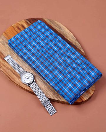 Nandu Brand Men's Premium Cotton Checked 2.20 Meter Stitched Lungi -Blue