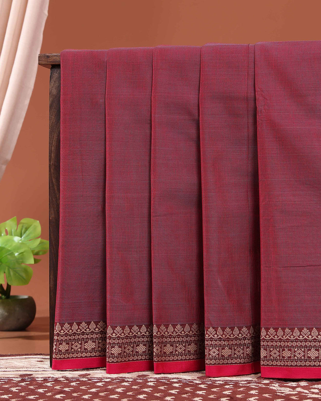Traditional Narayanpet Cotton Saree with Traditional Zari Border & Temple Motif Detailing - Maroon