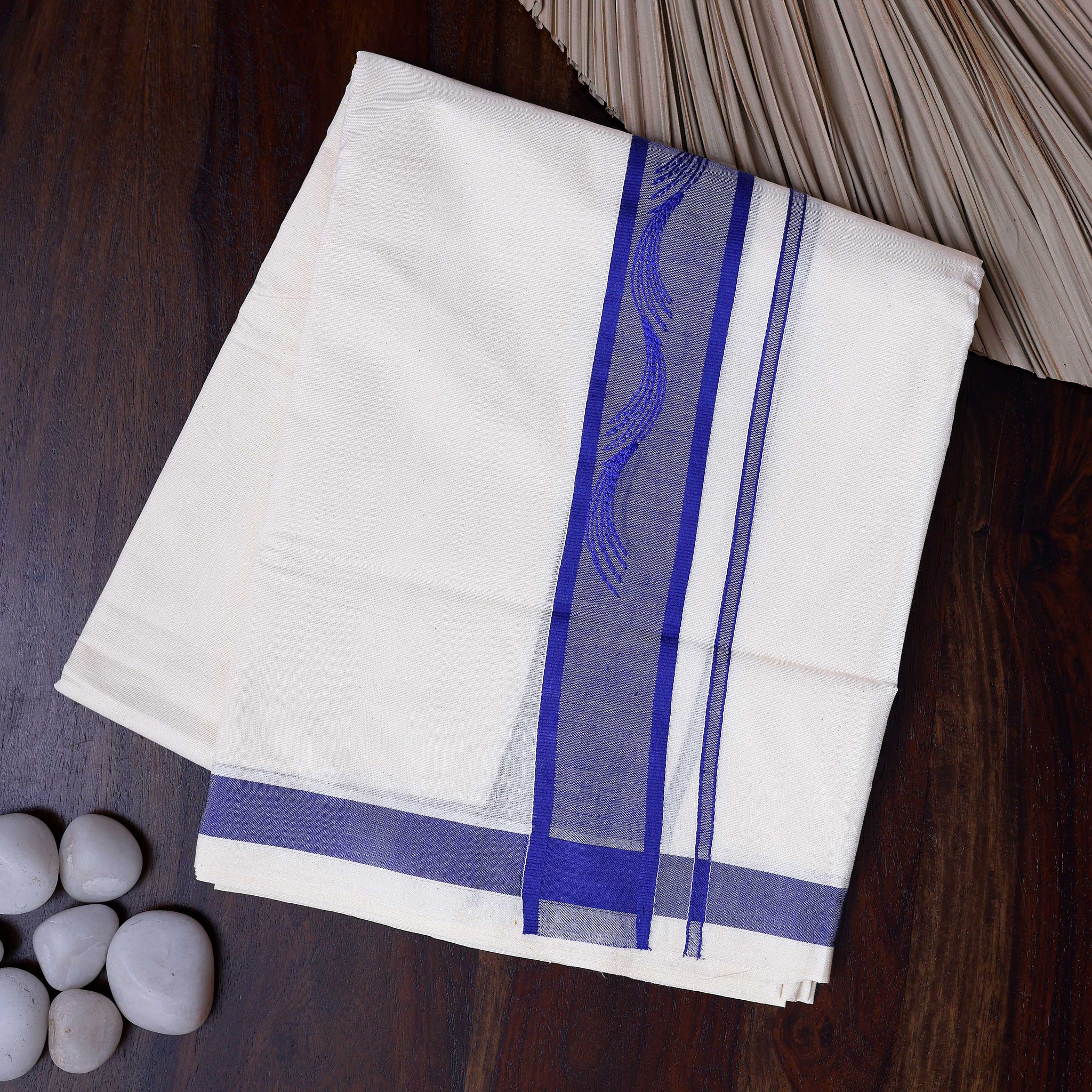 Men's Traditional Handwoven Cotton Dhoti with Blue Border and Elegant Finish - White