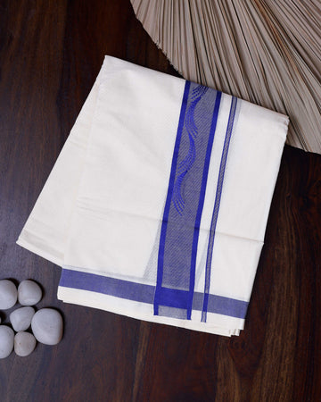 Men's Traditional Handwoven Cotton Dhoti with Blue Border and Elegant Finish - White