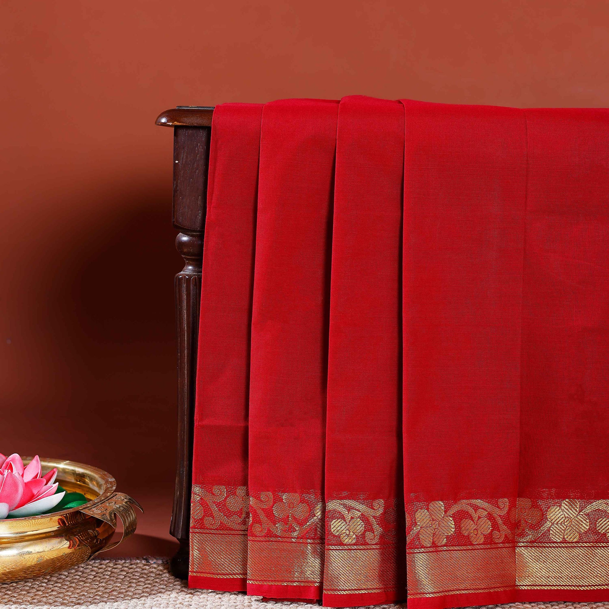 Handloom Venkatagiri Cotton Saree with Traditional Zari Border and Intricate Motifs - Red