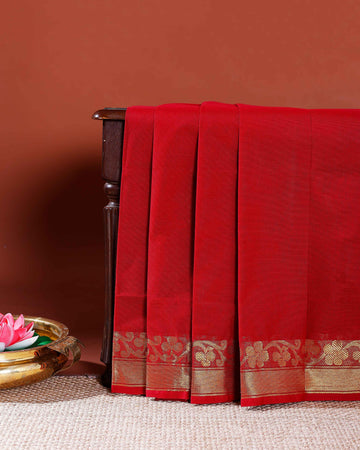 Handloom Venkatagiri Cotton Saree with Traditional Zari Border and Intricate Motifs - Red