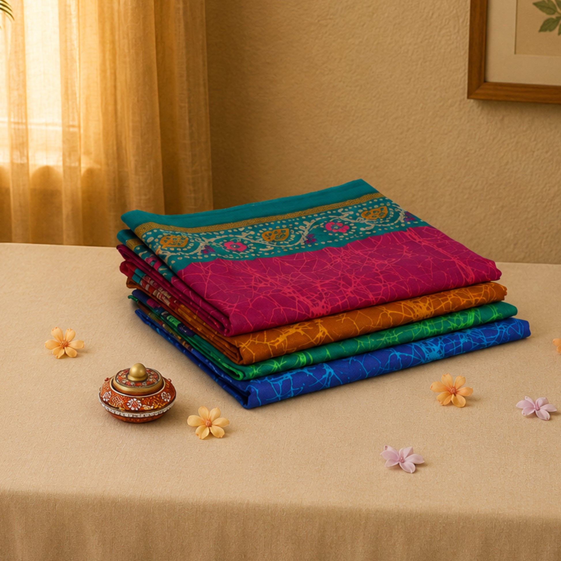 Voile cotton sarees with abstract prints and contrast floral zari borders in assorted colors, folded stack collection view