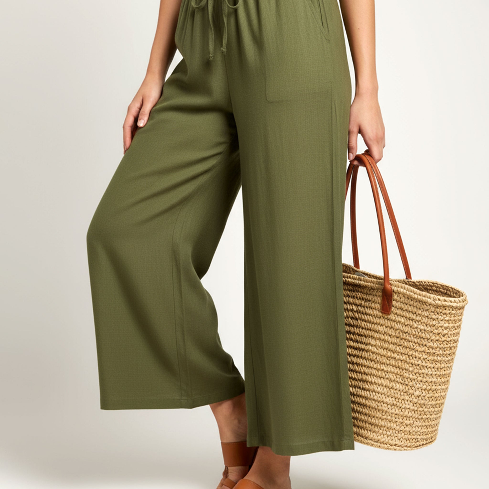 Elegant High-Waist Flared Palazzo Pant - Olive Green