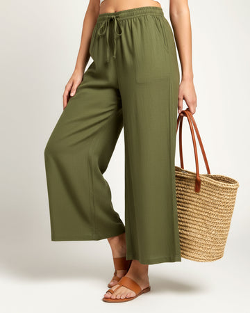 Elegant High-Waist Flared Palazzo Pant - Olive Green