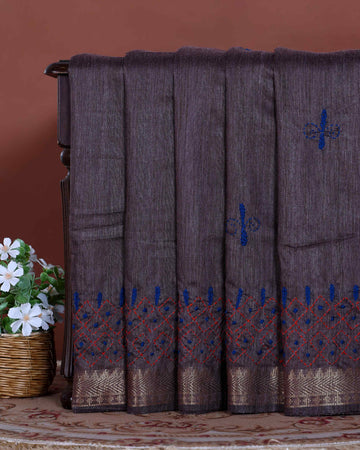 Elegant Kantha Hand Embroidered Saree with Intricate Floral Motif and Contrast Border - Dusty Purple