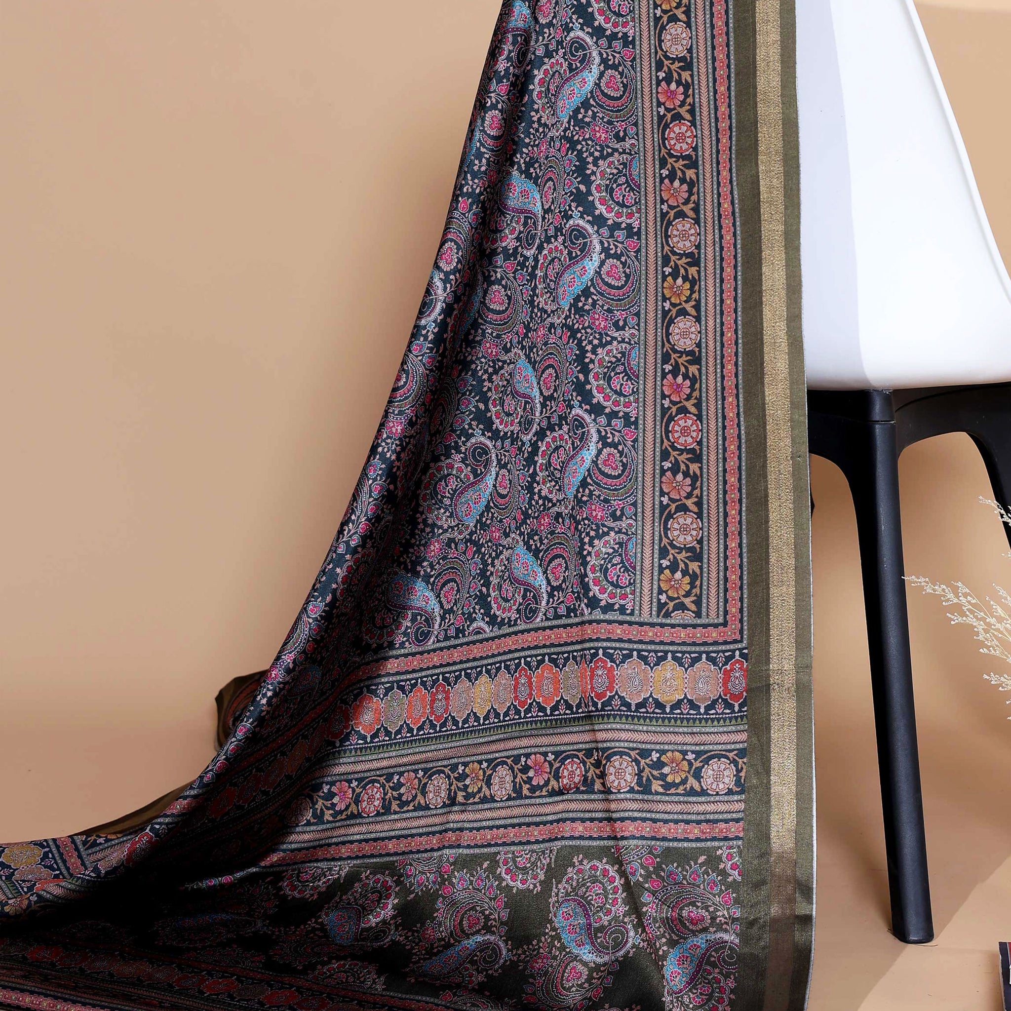 Ethnic Navy Blue Semi Chanderi Saree with Multi-color Paisley and Floral Design