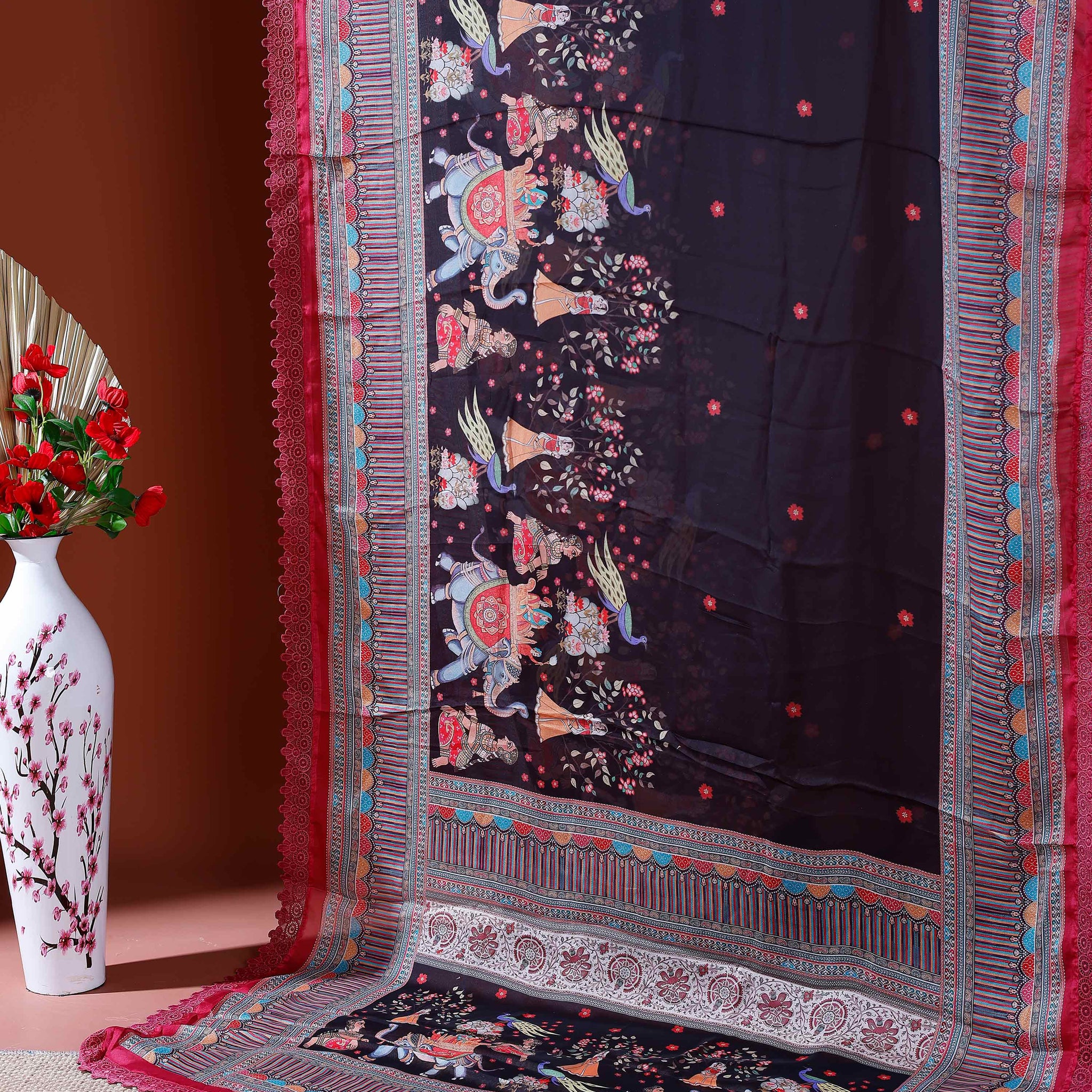 Designer Georgette Saree with Royal Procession Print and Intricately Woven Traditional Border - Black
