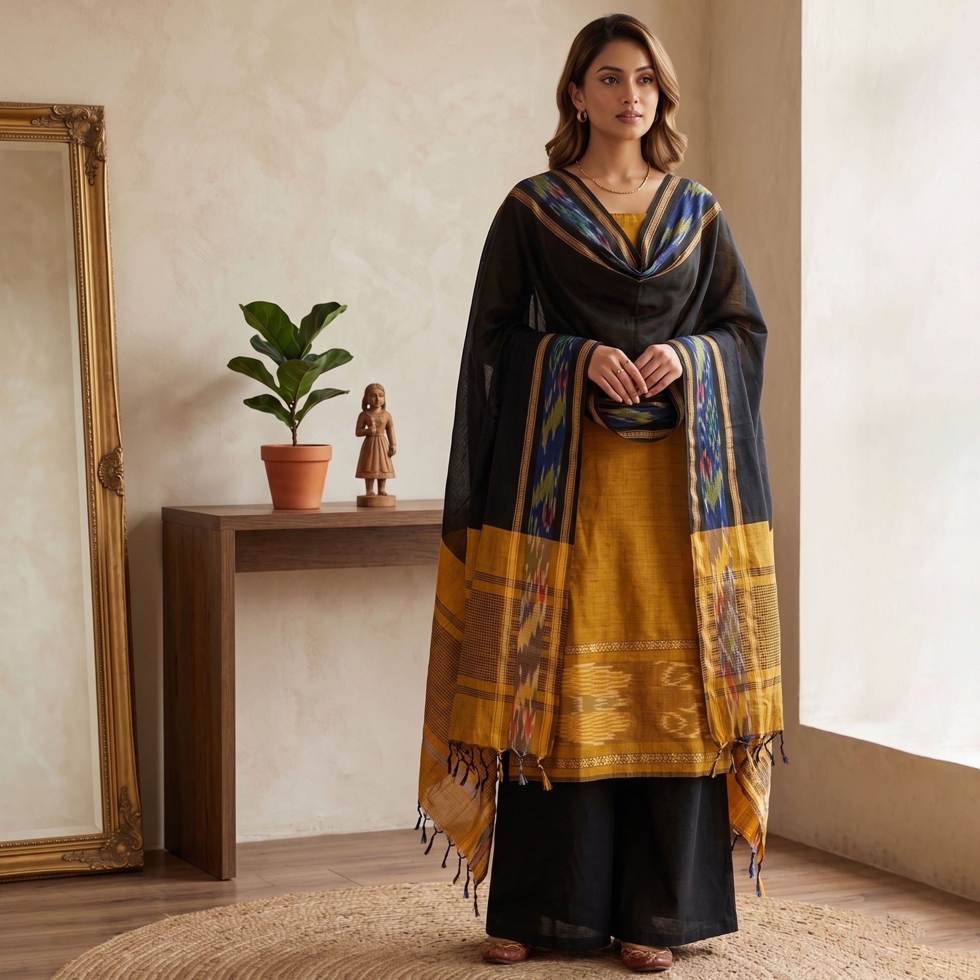 Mustard Salwar Material Set With Black Pants Fabric And Colorful Ikat Dupatta Full Length Front View