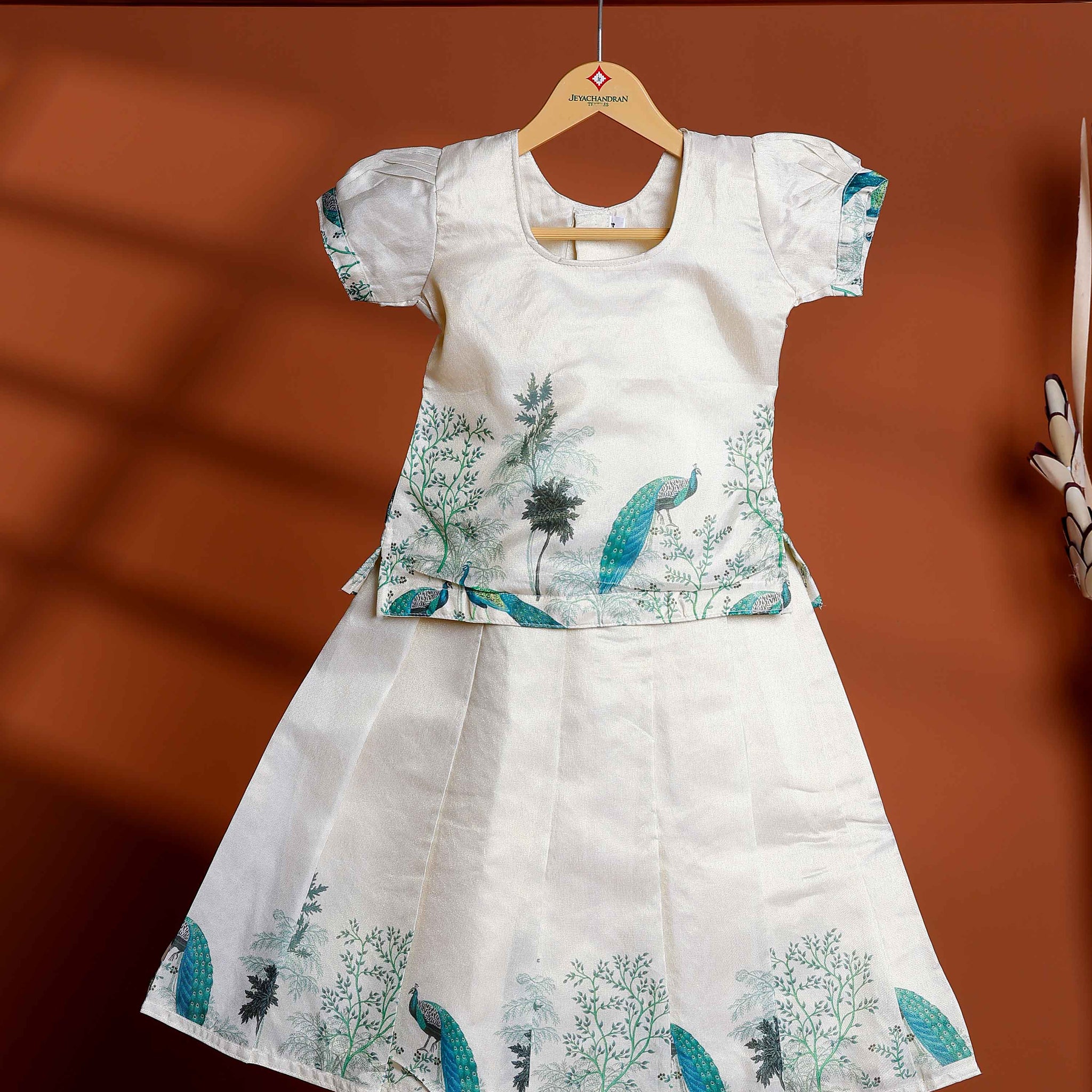 Kids Readymade Pattu Pavadai Set with Puff Sleeve Blouse and Printed Silk Skirt - Cream
