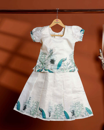 Kids Readymade Pattu Pavadai Set with Puff Sleeve Blouse and Printed Silk Skirt - Cream