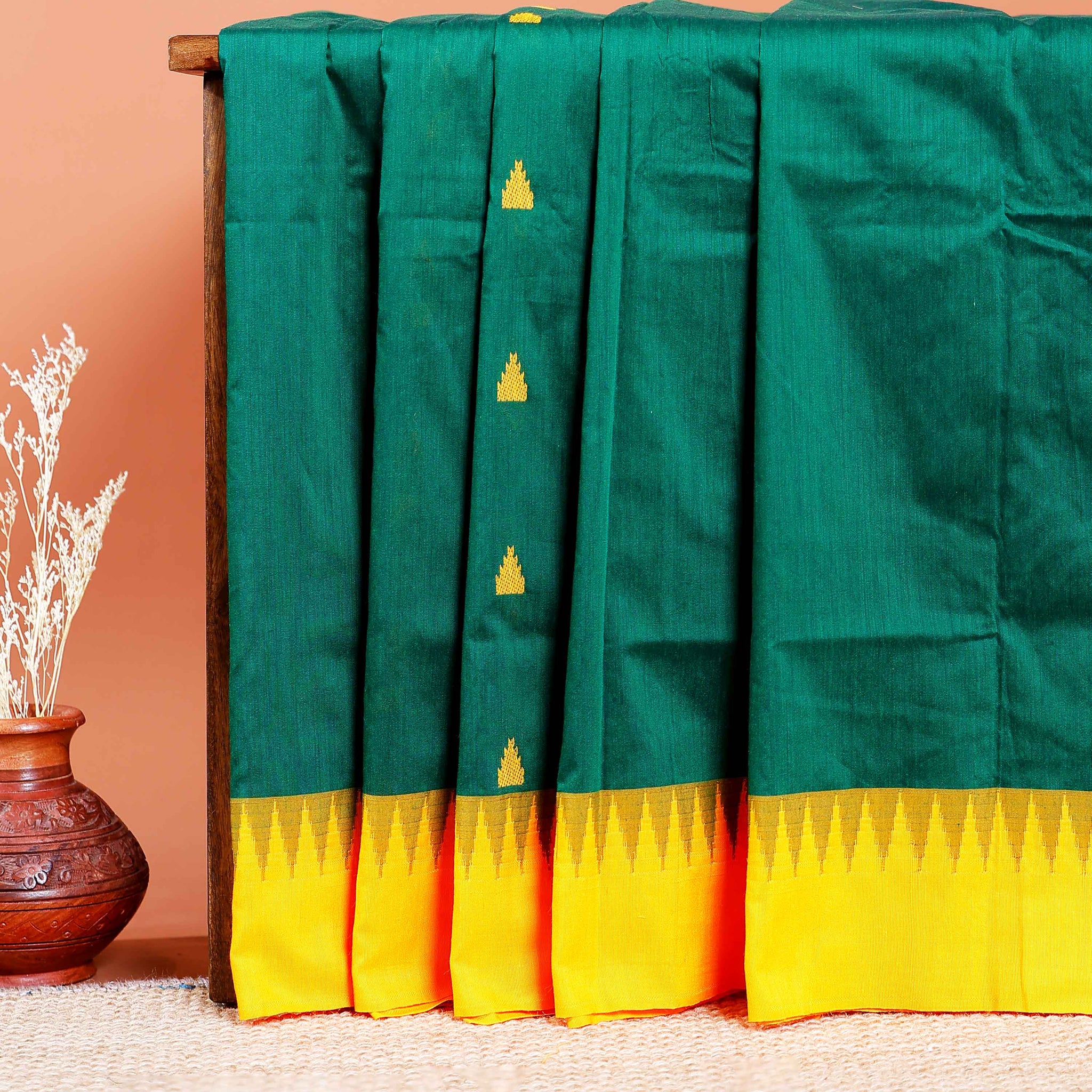 Handloom Kalyani Cotton Saree with Temple Border & Buti Motifs - Green