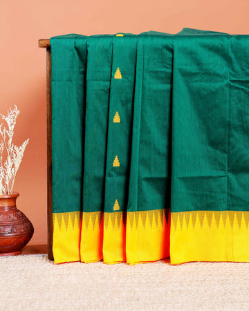Handloom Kalyani Cotton Saree with Temple Border & Buti Motifs - Green