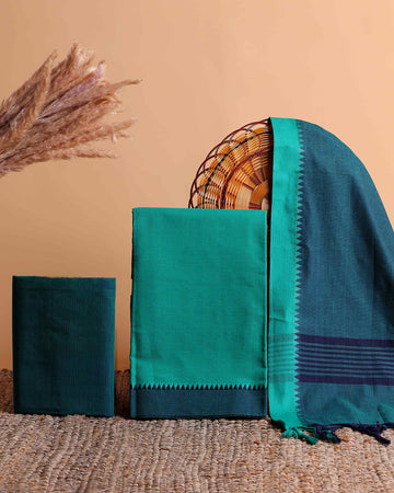 Women's Traditional Cotton Handloom Unstitched Salwar Suit Set Top 2.5m, Pant 2m, Dupatta 2.25m with Temple Inspired Border - Teal