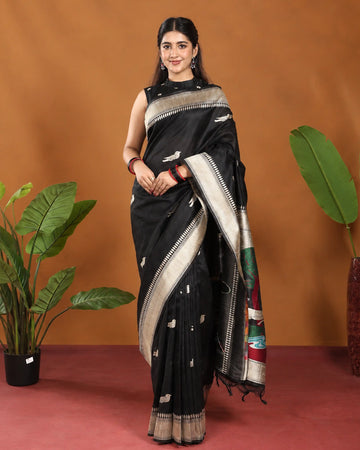 Raw Silk Saree with Traditional Deer & Tree Printed Design and Contrast Border - Black