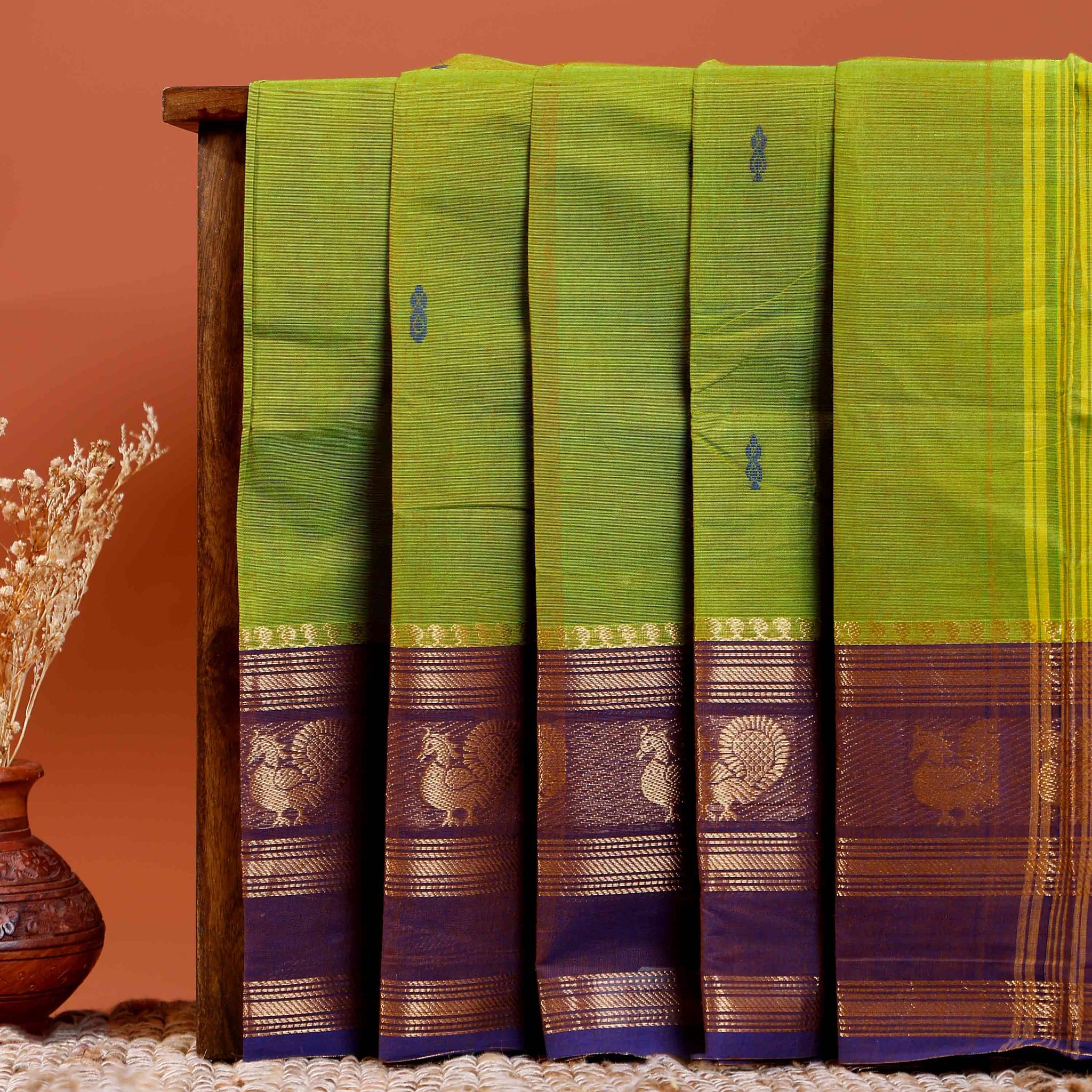 Handloom Chettinad Cotton Saree with Butta Weaves, Zari Peacock Motif Border and Contrast Pallu - Green