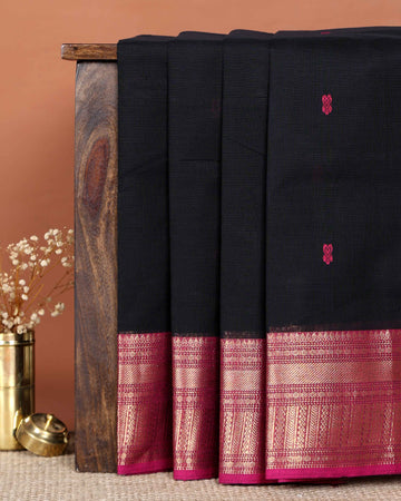 Elegant Handloom Chettinad Cotton Saree with Minimalist Body and Traditional Zari Woven Contrast Border - Black