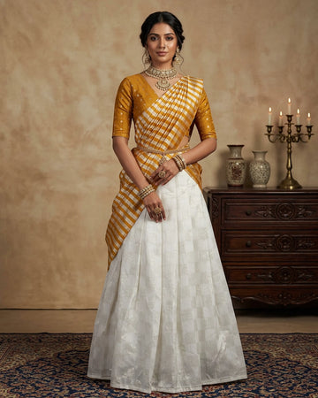 Cotton Semi Stitched Dhavani Set For Women | Festive Wear & Traditional Collection | Jeyachandran - Mustard Yellow & White