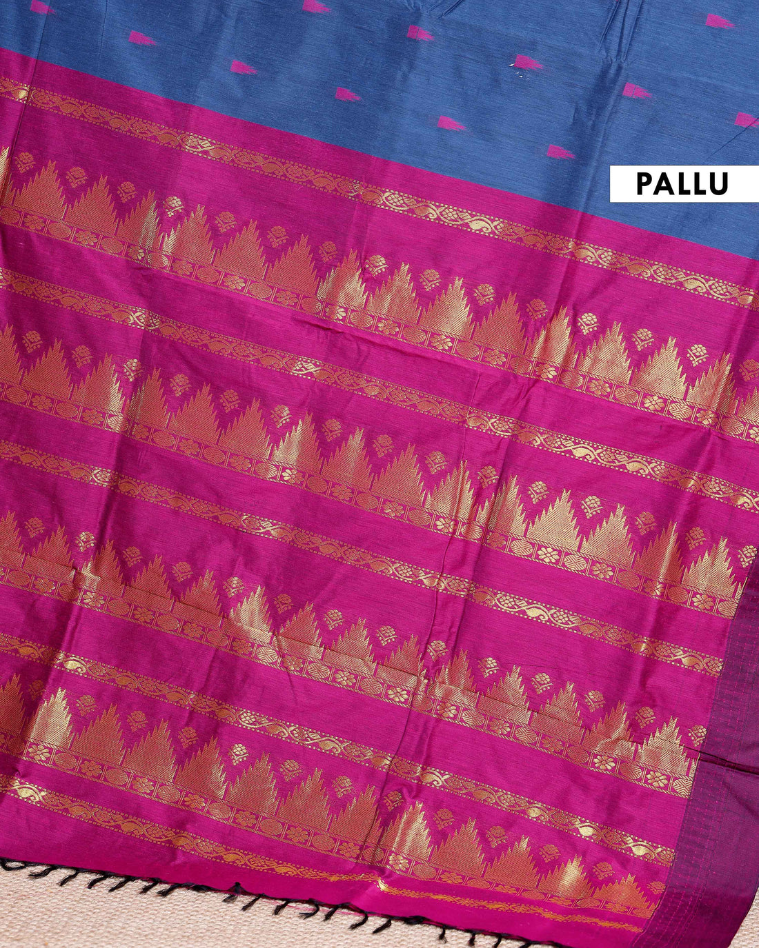 Handloom Kalyani Cotton Saree with Temple Border & Buti Motifs - Blue