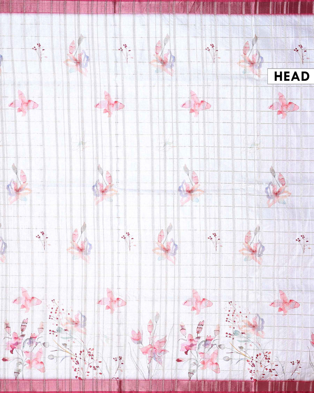 Elegant Floral Print Semi Tussar Silk Saree with Checked Pattern and Contrast Border - Off White