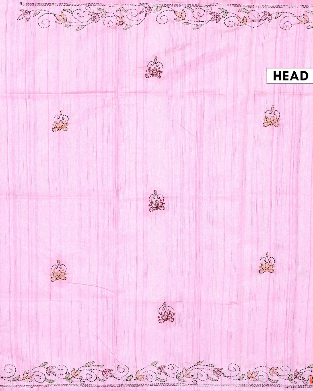 Elegant Hand Embroidered Kantha Work Tussar Saree with Intricate Floral and Paisley Motifs- Pink