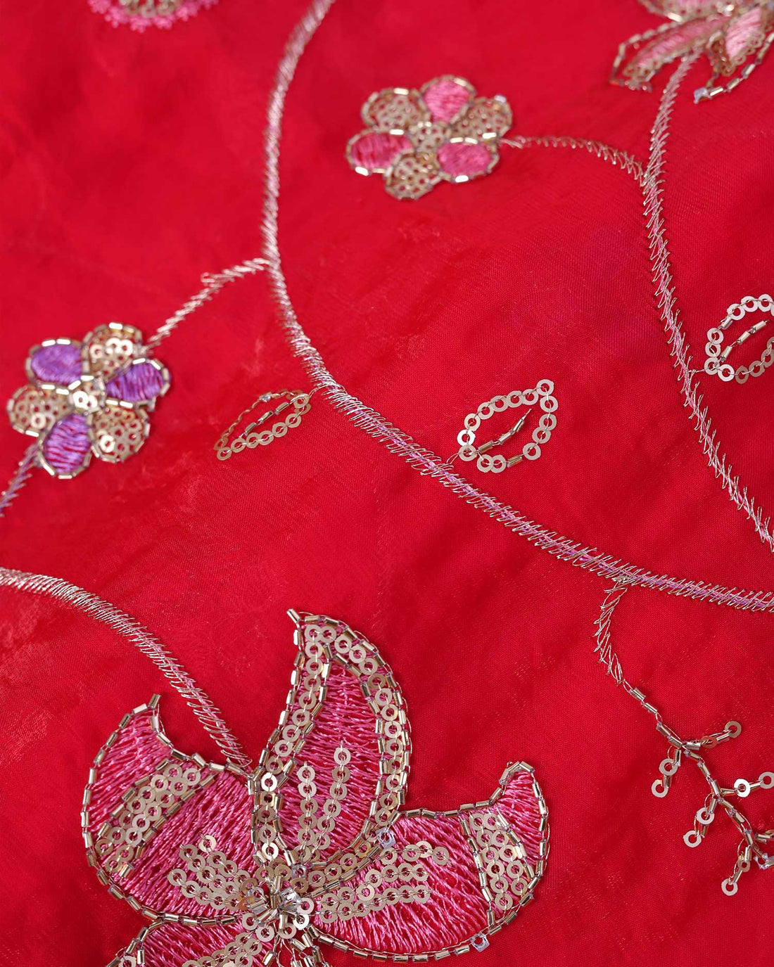 Elegant Women's Floral Embroidered Sequin Work 1 Meter Blouse Material - Red