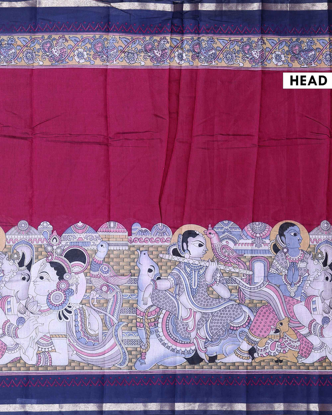 Elegant Semi Chanderi Saree with a Half Plain and Half Madubani Inspired Body and a Plain Border - Burgundy