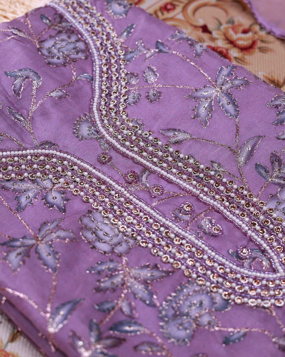 Women's Floral Embroidered Salwar Suit Material with Beaded Neckline and Net Dupatta - Lavender